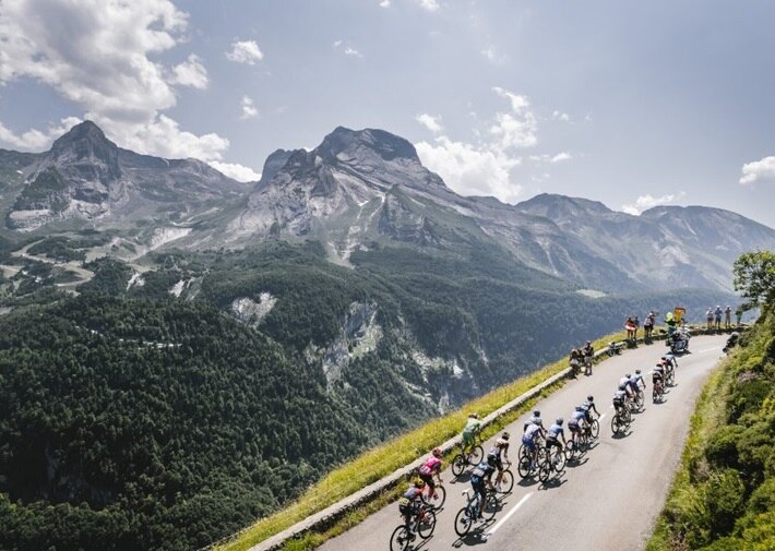 Tour de France riders cycling in the mountains
