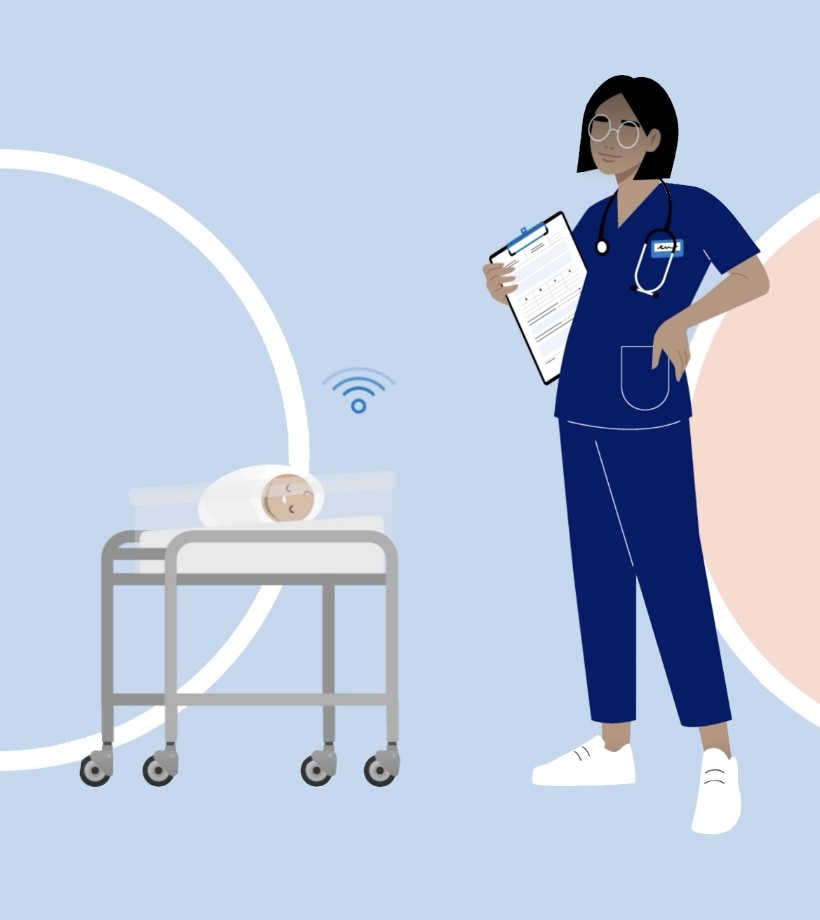 Animated image of a woman nurse in uniform looking at a baby in a hospital bed